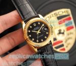 Replica Rolex Datejust Black Face Black Leather Strap Men's Watch